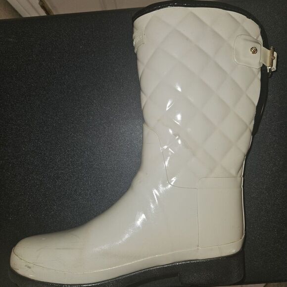HUNTER Refined Gloss Quilted Rubber Rain Boots Mid Calf US 7 EU 36 Cream - Picture 10 of 15